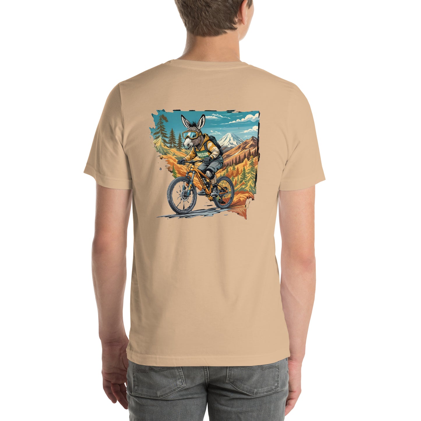Beige t-shirt with a graphic of a donkey riding a motorcycle in a mountainous landscape.