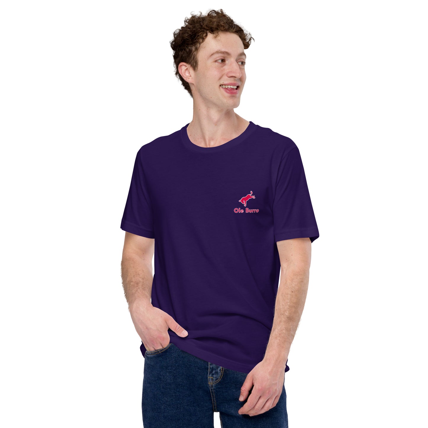 Man wearing a purple t-shirt with a logo on a white background