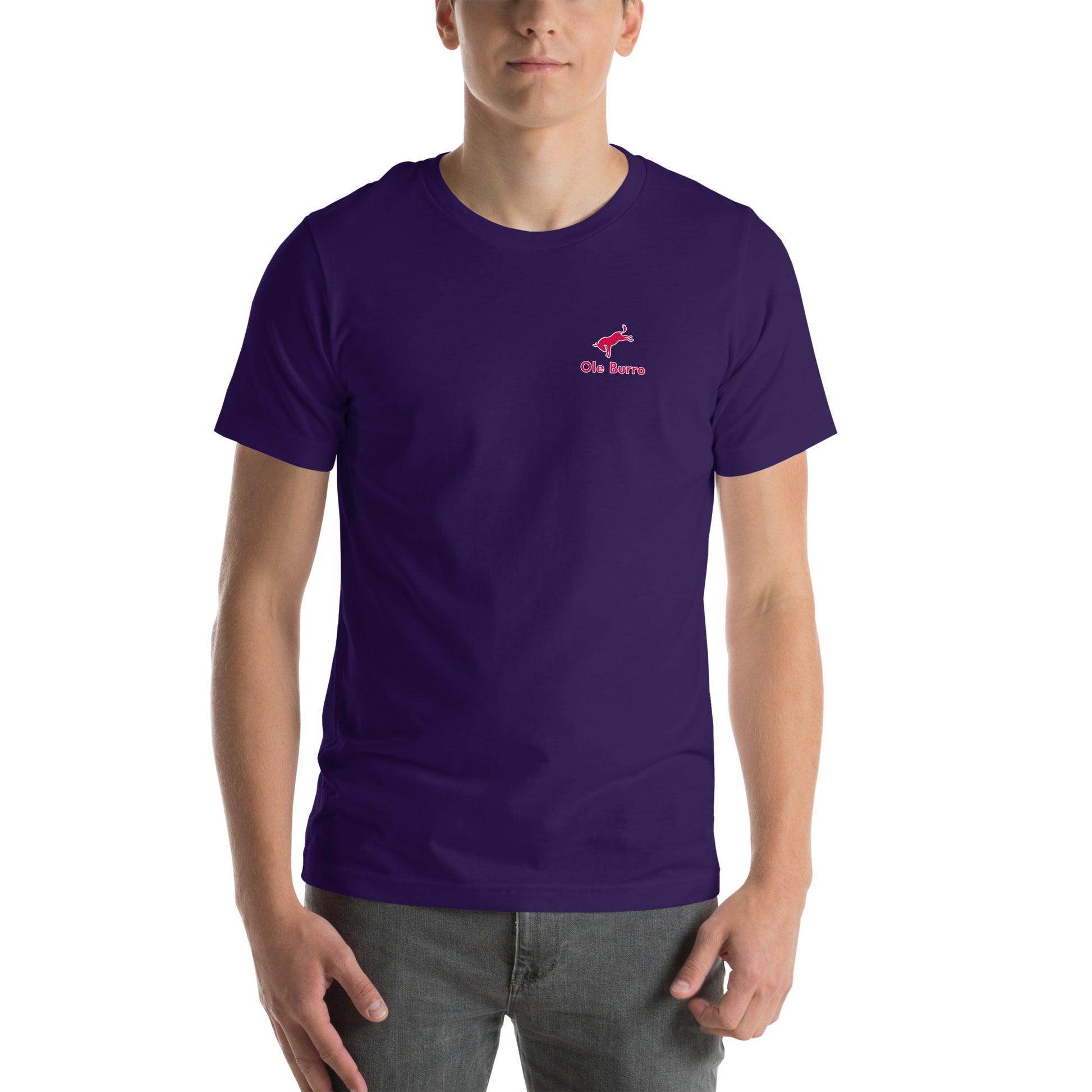Person wearing a purple t-shirt with a logo on a white background