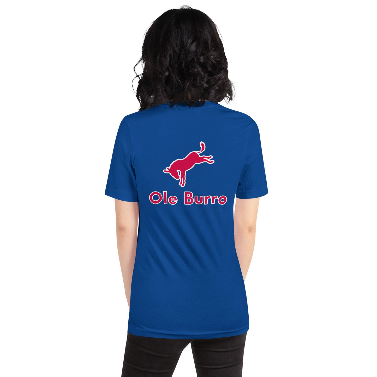 Person wearing a blue t-shirt with 'Ole Burro' logo on the back