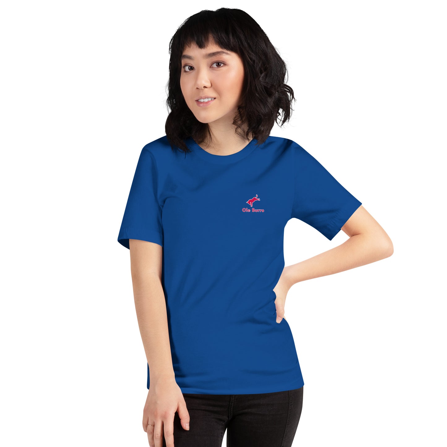 Person wearing a blue t-shirt with a logo on a white background
