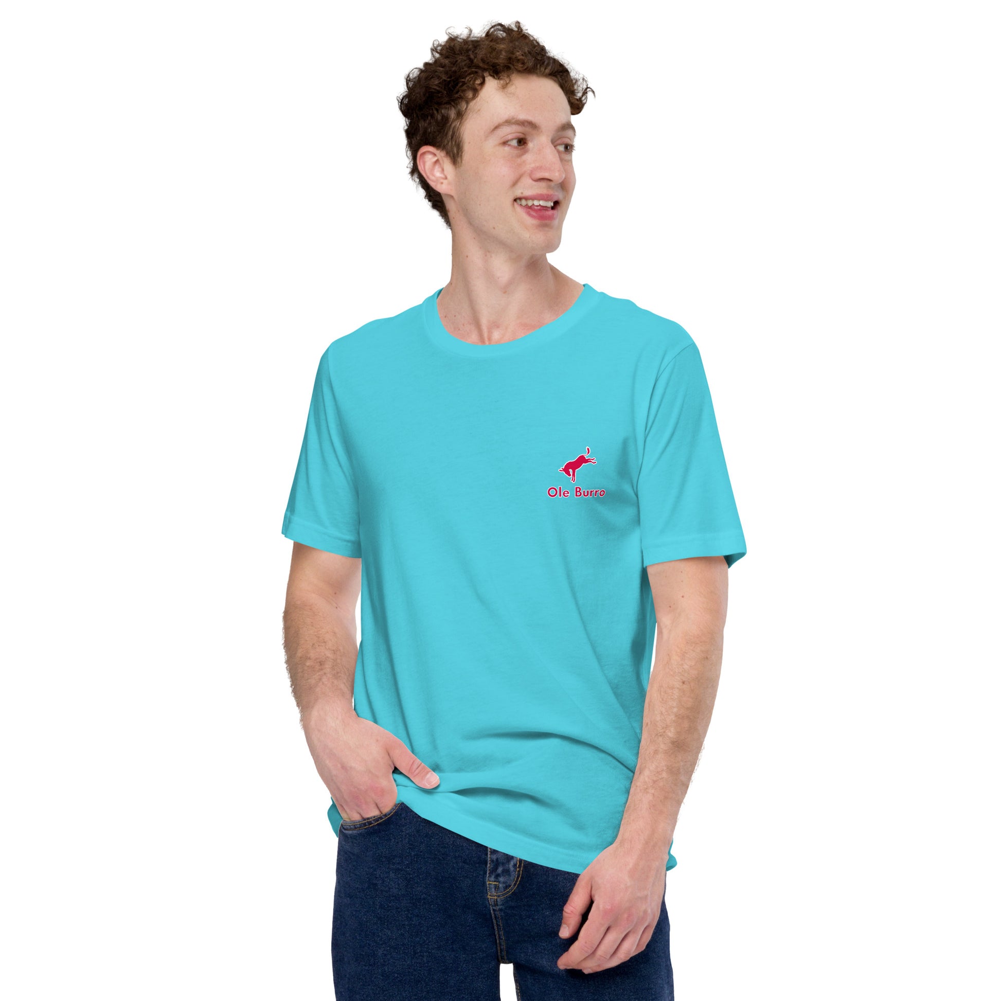 Man wearing a turquoise t-shirt with a logo on a white background