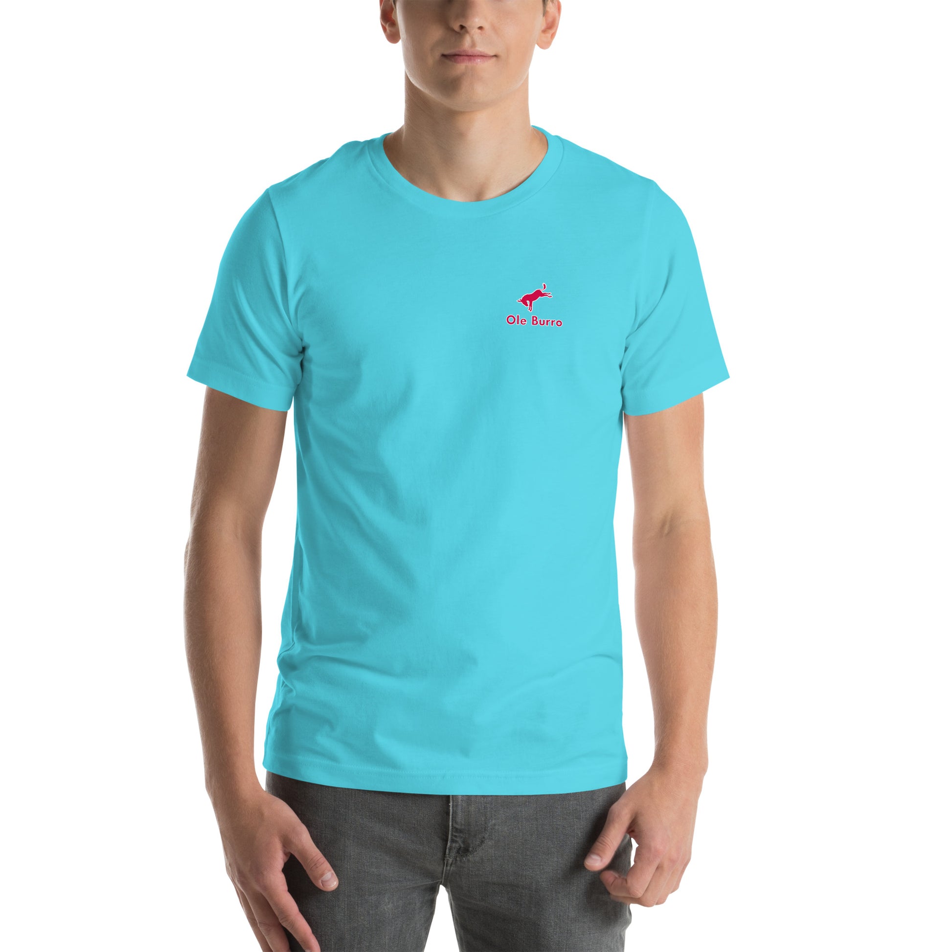 Person wearing a turquoise t-shirt with a red logo on a white background