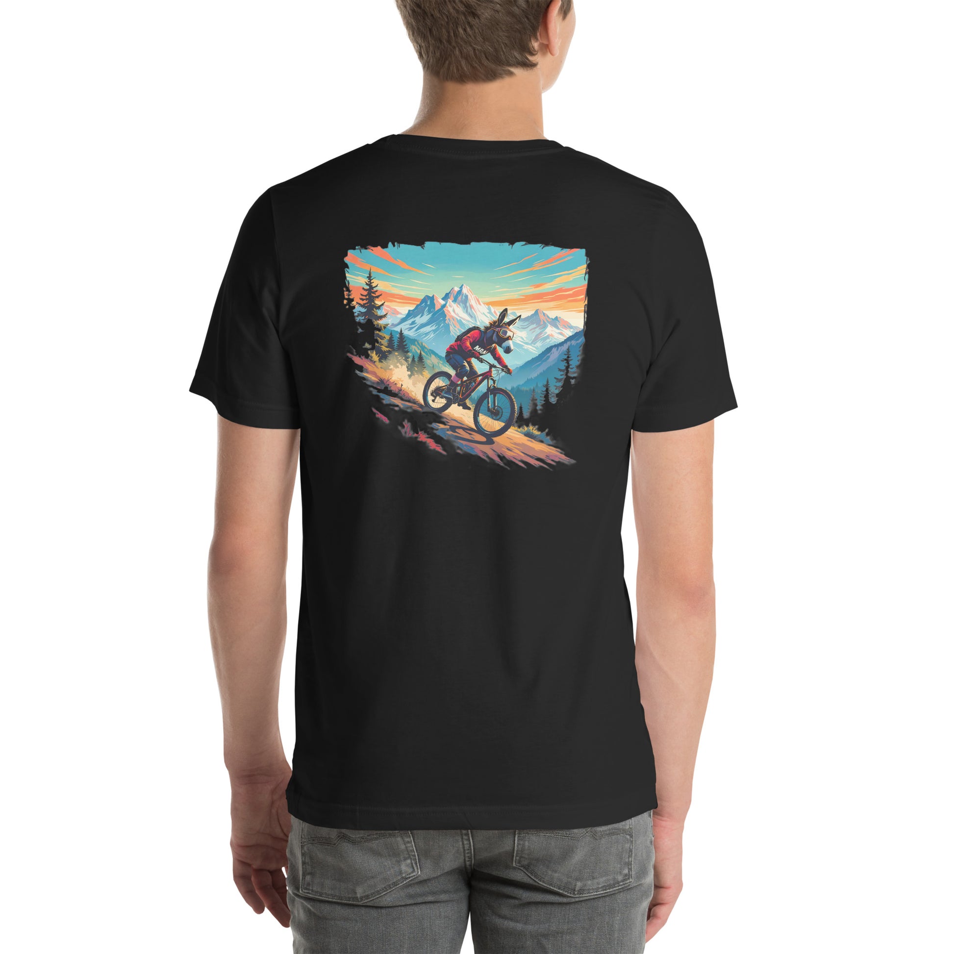 Black t-shirt with a mountain bike graphic on the back, worn by a person.