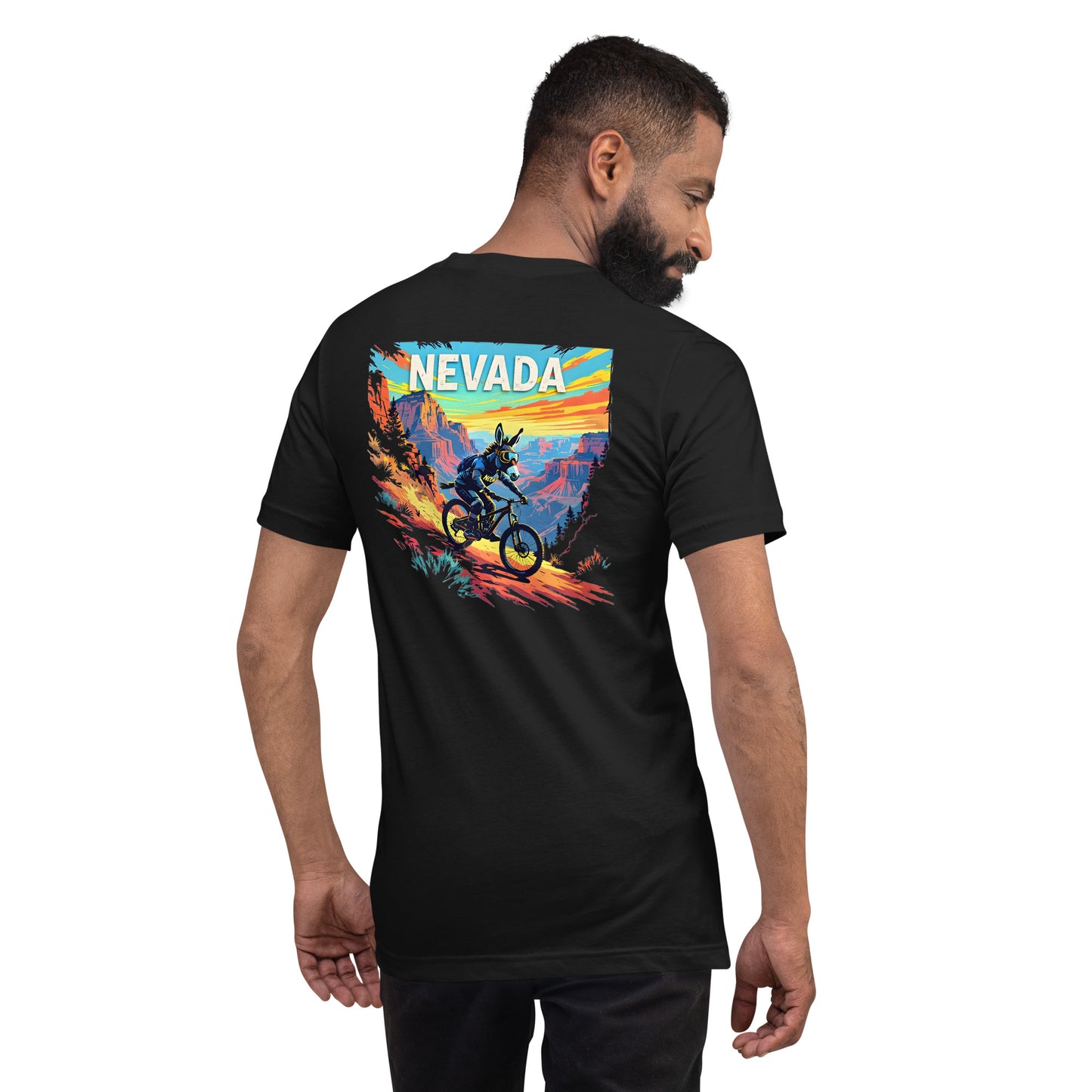 Man wearing a black t-shirt with a colorful 'NEVADA' graphic on the back.