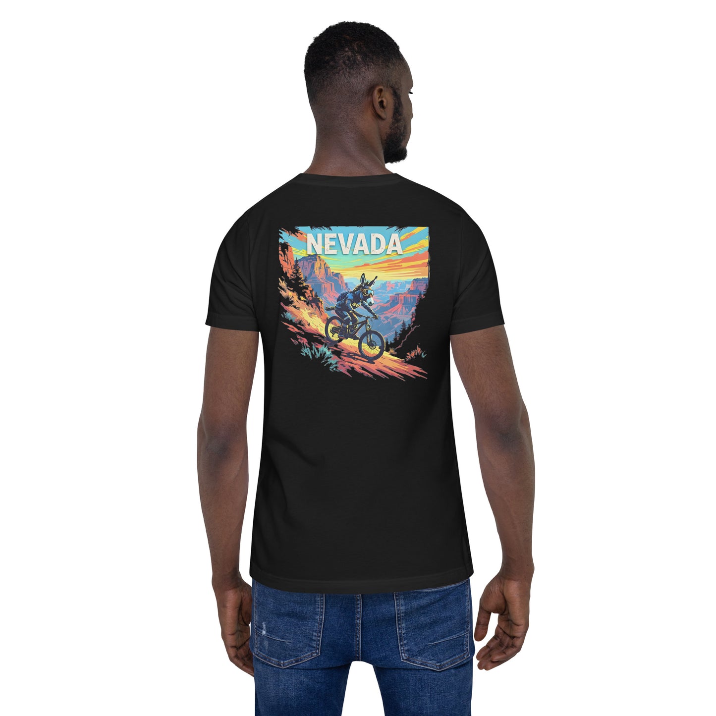 Person wearing a black t-shirt with a colorful 'Nevada' graphic on the back.