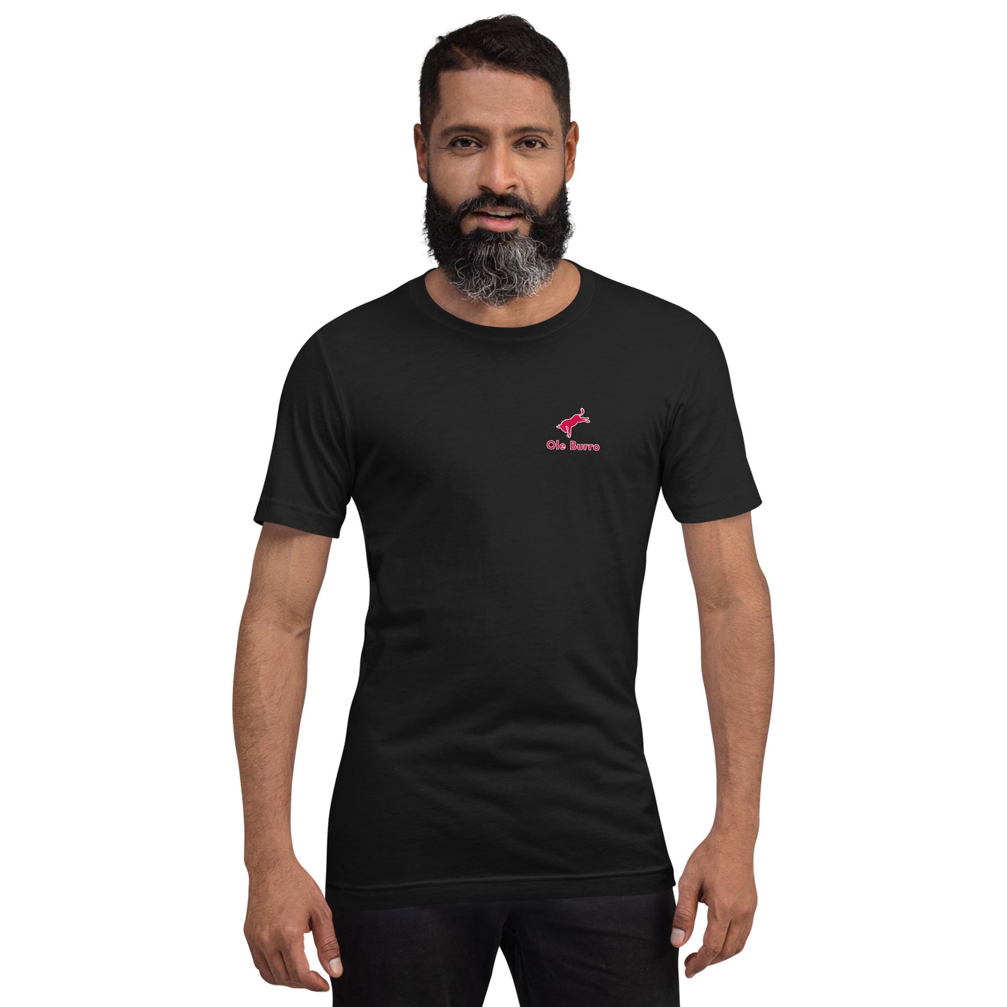 Man wearing a black t-shirt with a red logo on a white background