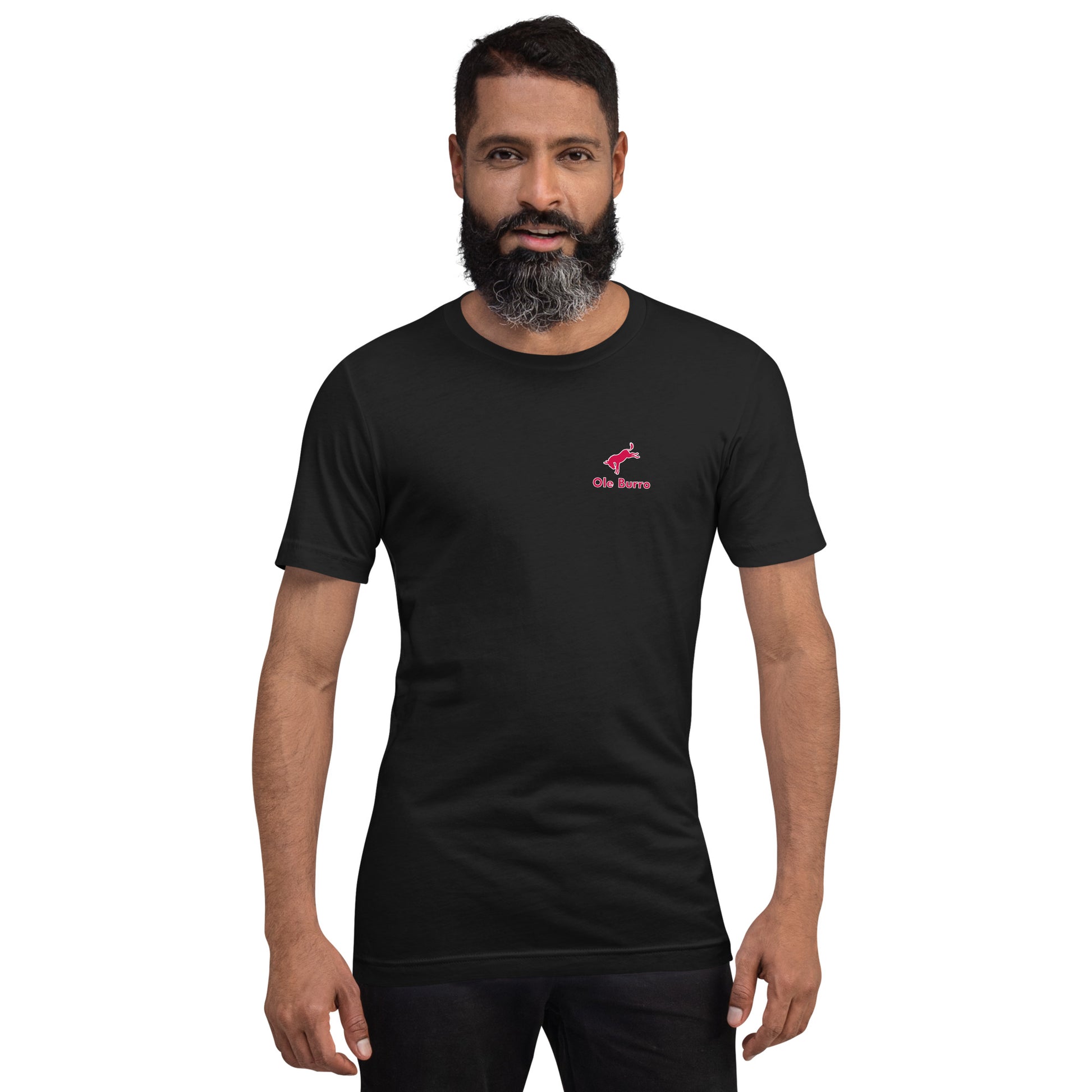 Man wearing a black t-shirt with a red logo on a white background