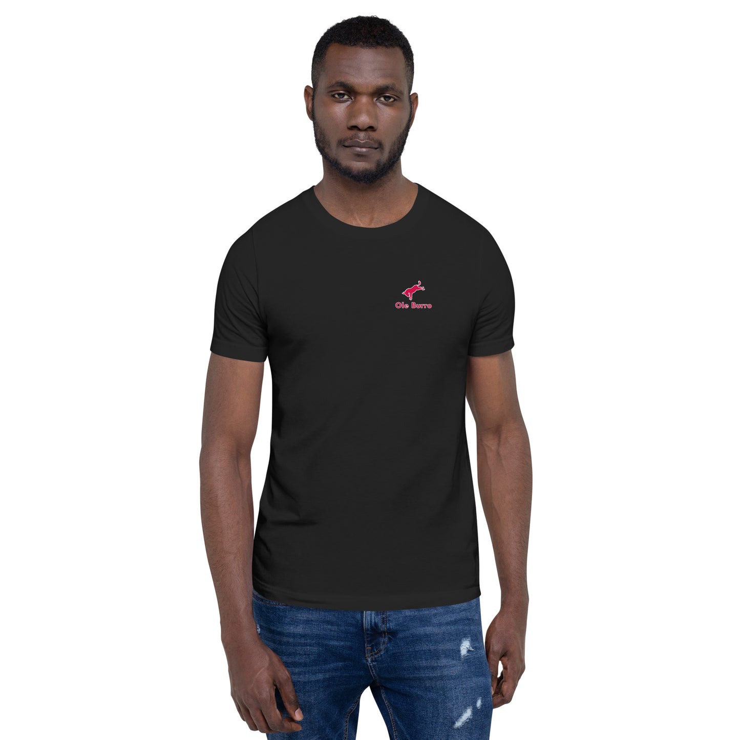 Man wearing a black t-shirt with a red logo on a white background
