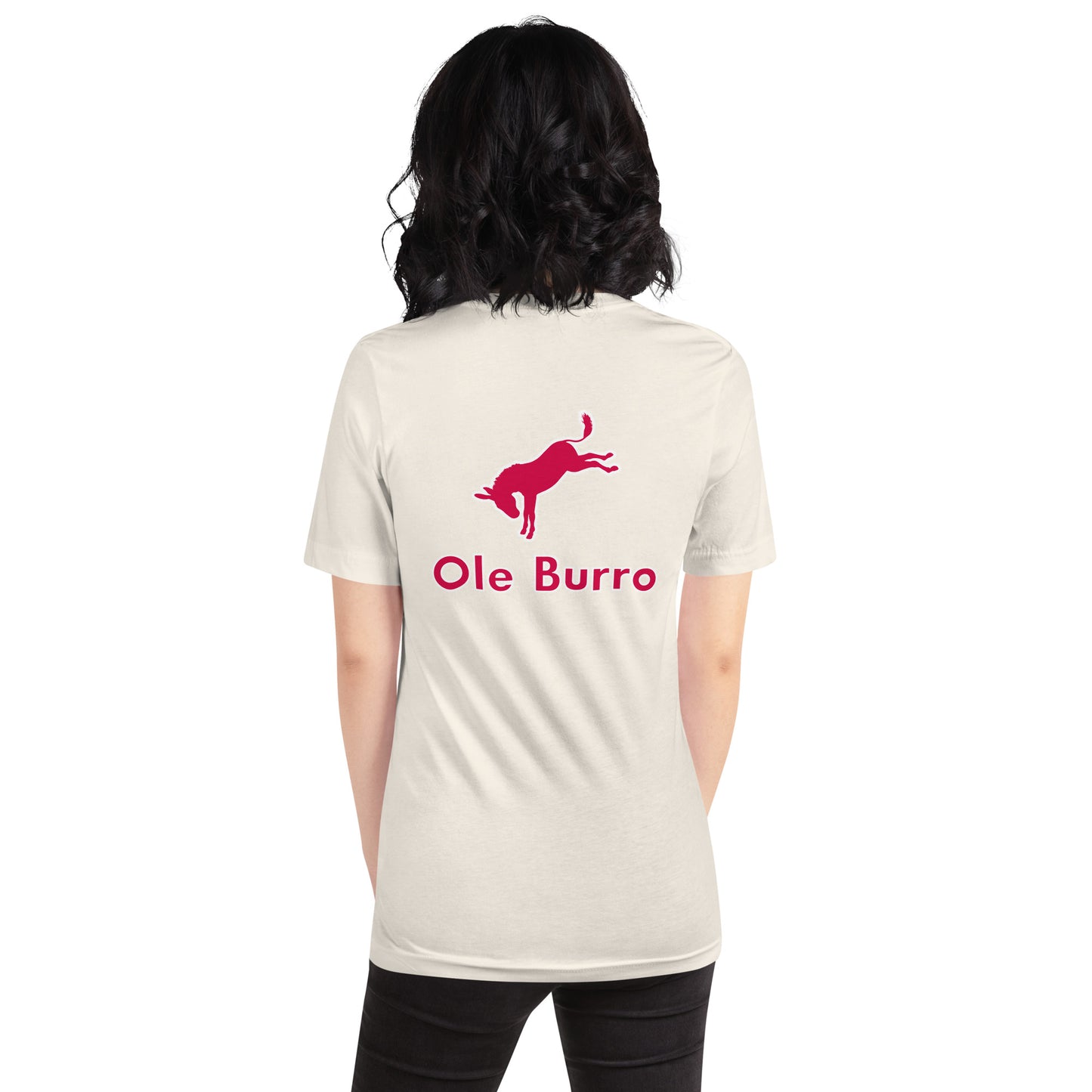 Person wearing a beige t-shirt with 'Ole Burro' logo on the back against a white background