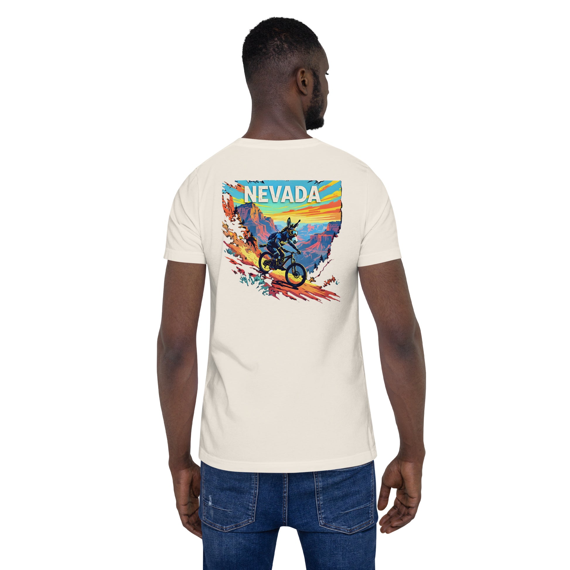 Person wearing a t-shirt with a colorful Nevada graphic on the back