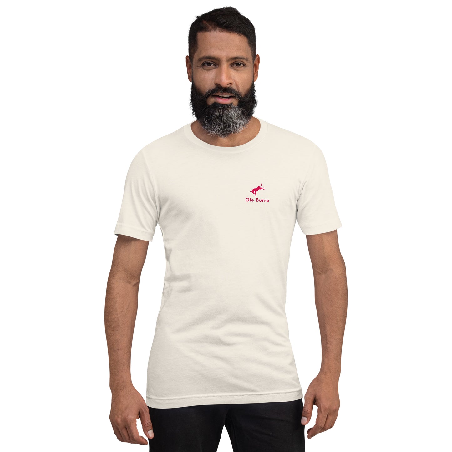 Man wearing a white t-shirt with a red logo on a white background