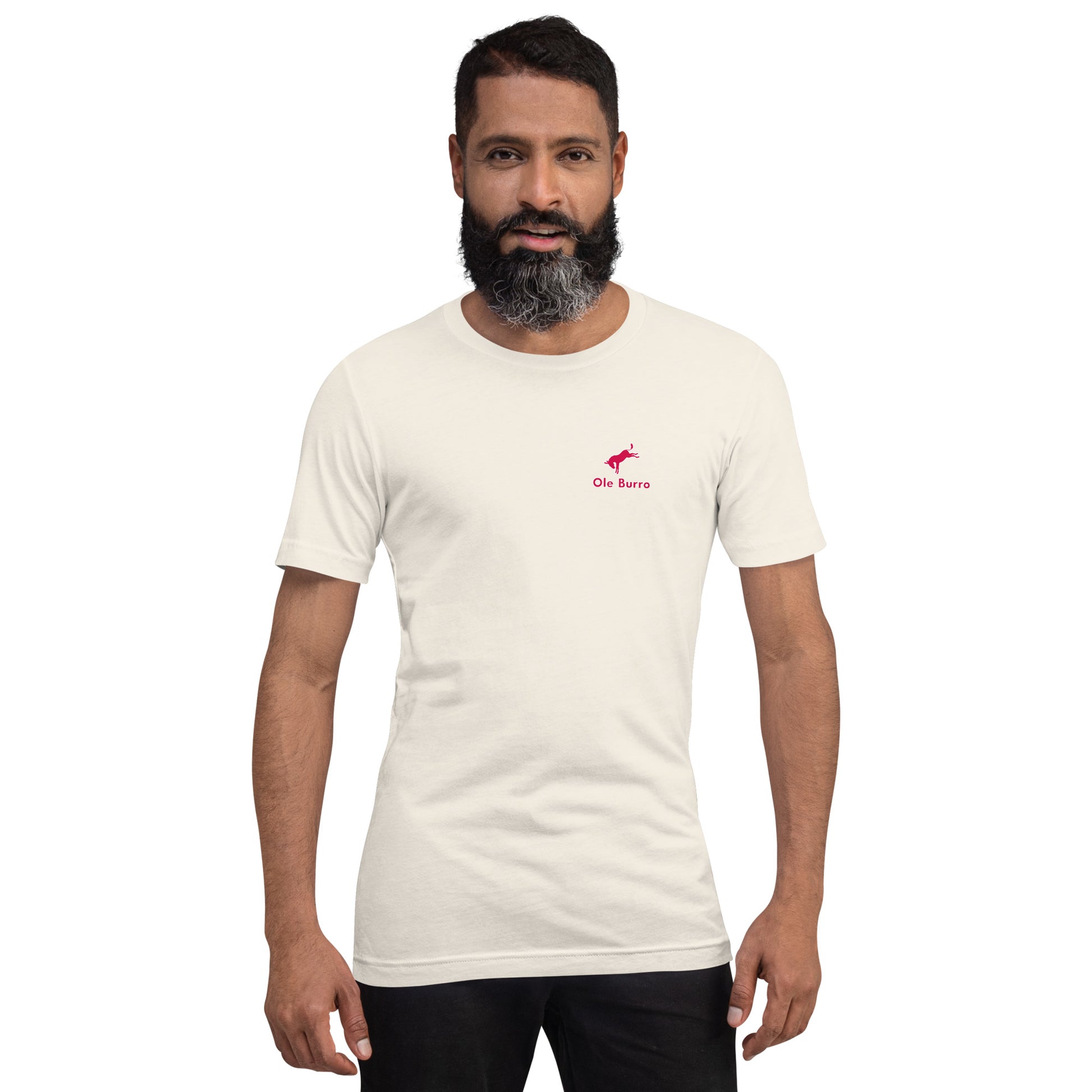 Man wearing a white t-shirt with a red logo on a white background