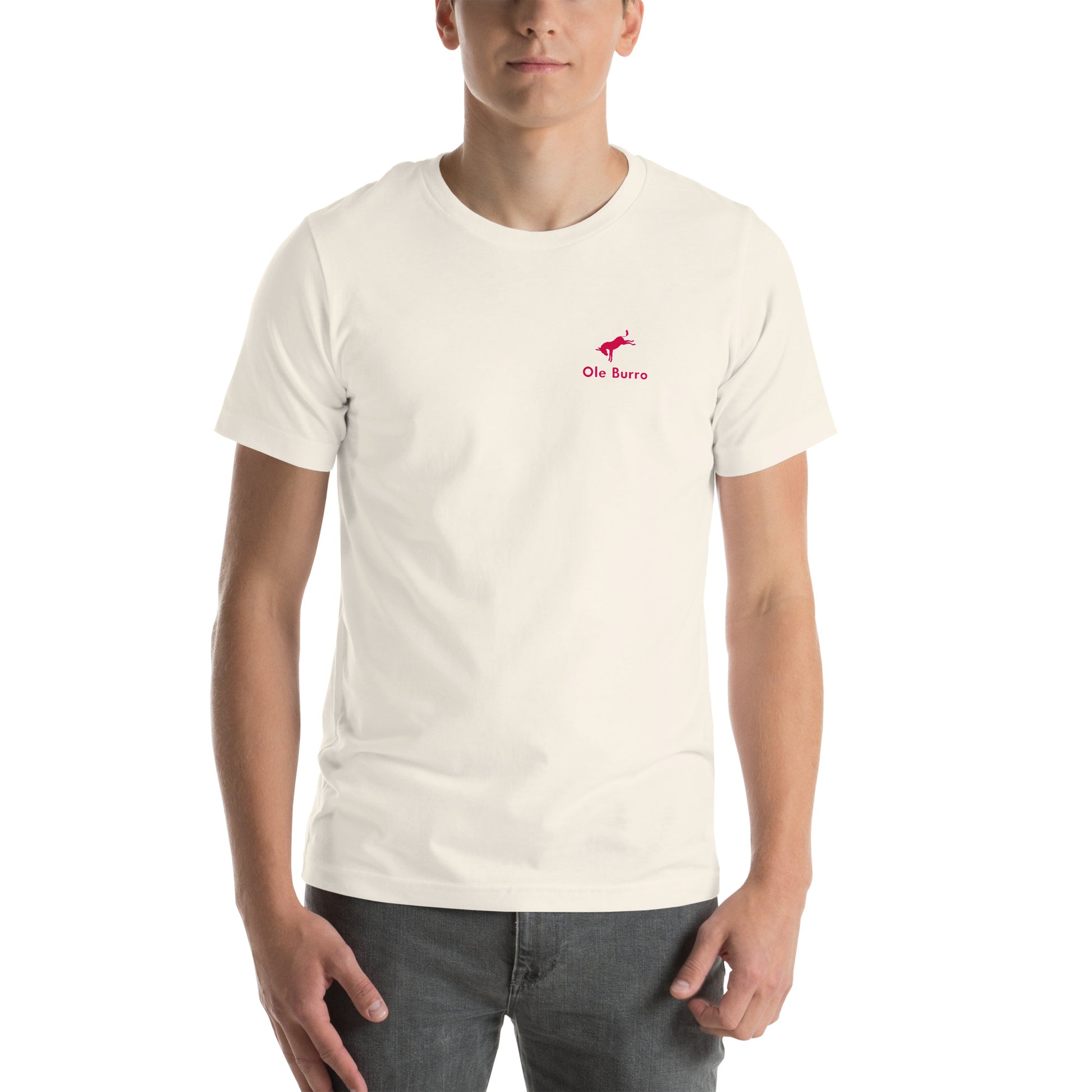 Person wearing a white t-shirt with a logo on a white background