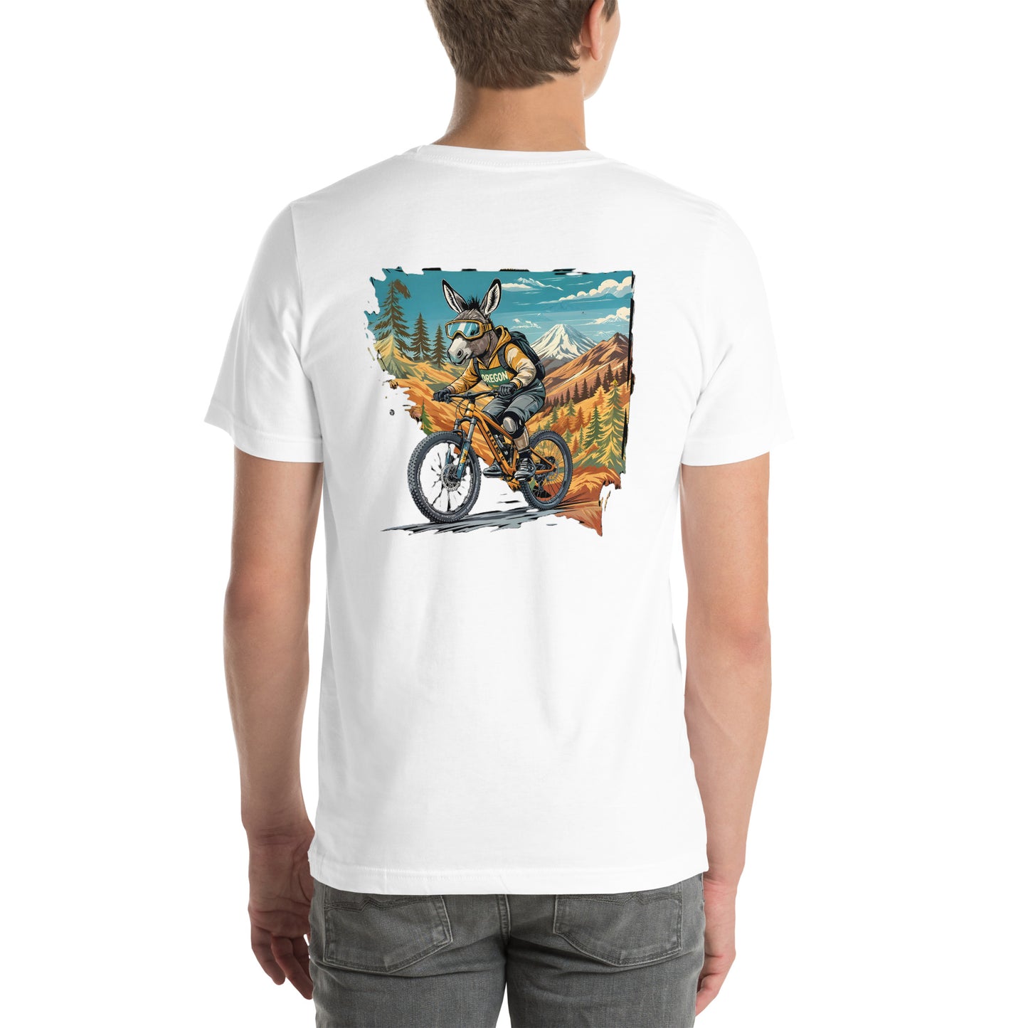 Person wearing a white t-shirt with a graphic of a donkey riding a motorcycle in a mountainous landscape.
