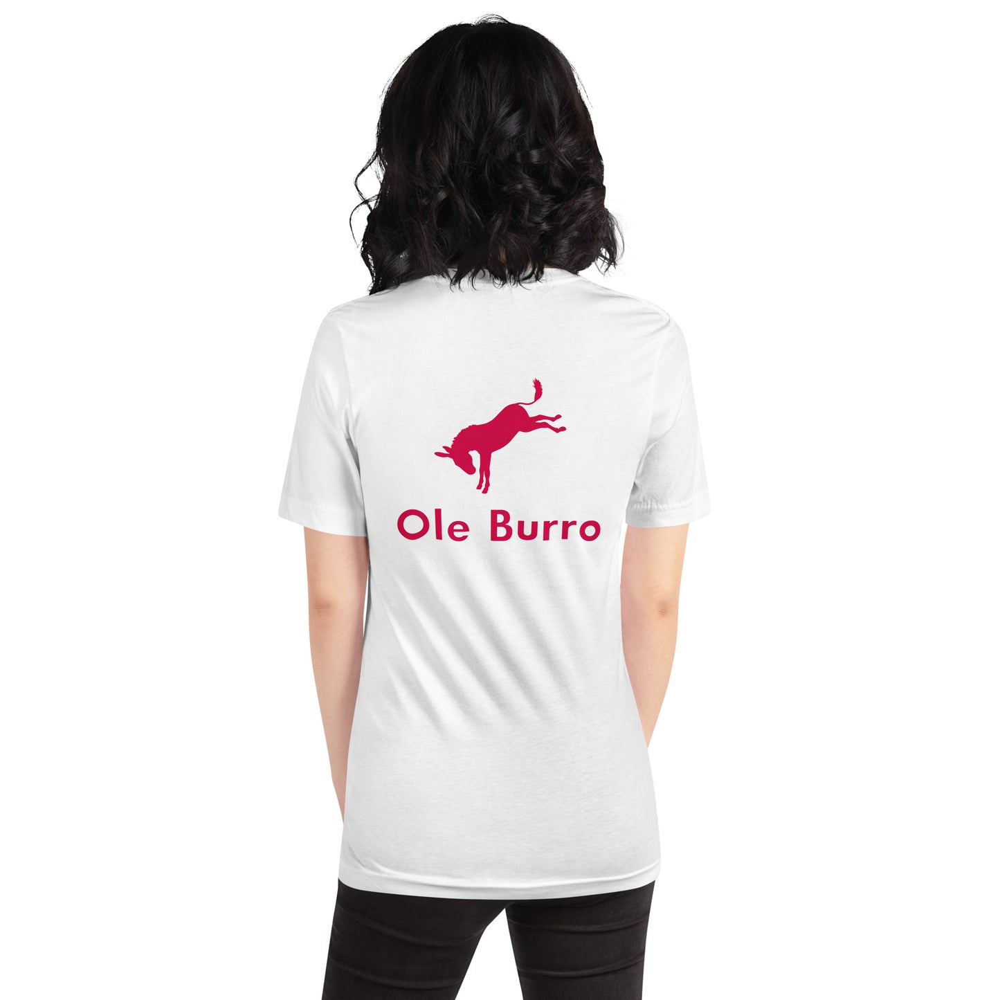 Person wearing a white t-shirt with a red logo and 'Ole Burro' text on the back.