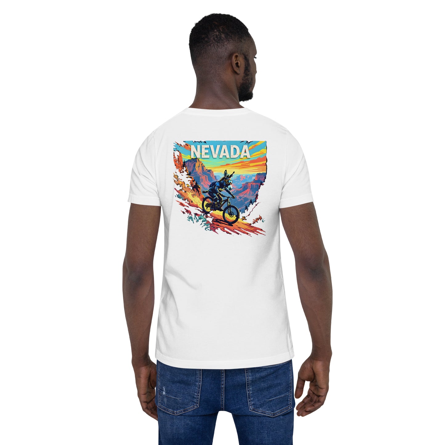 Person wearing a white t-shirt with a colorful 'Nevada' graphic on the back.