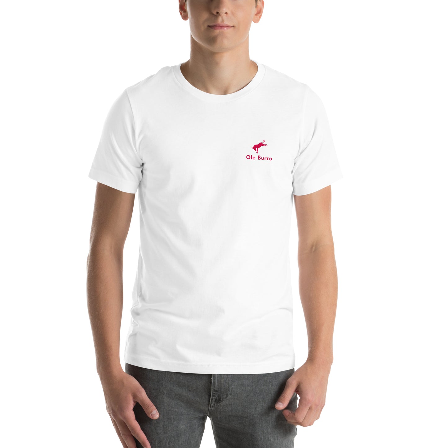 Person wearing a white t-shirt with a red logo on a white background