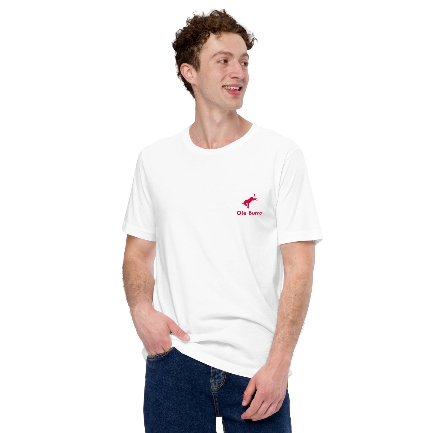Man wearing a white t-shirt with a red logo on a white background