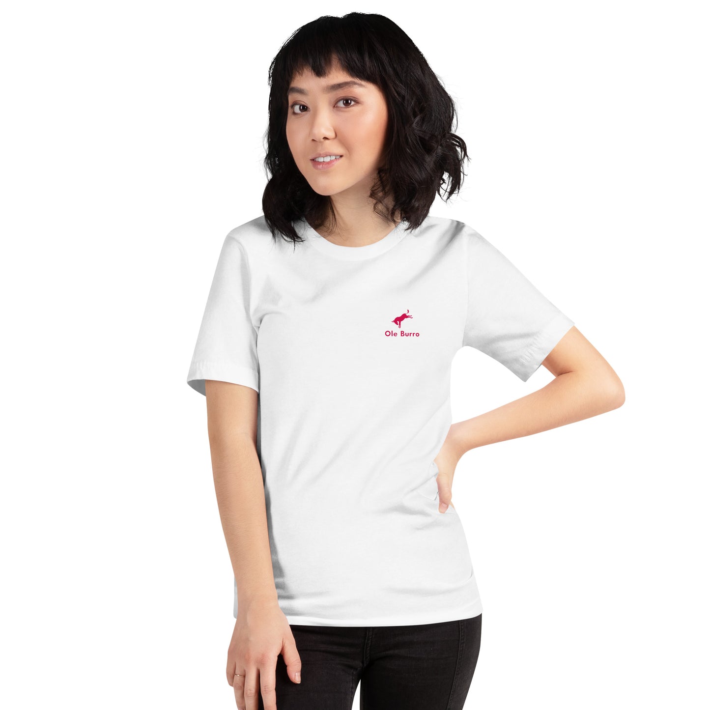 Person wearing a white t-shirt with a logo on a white background