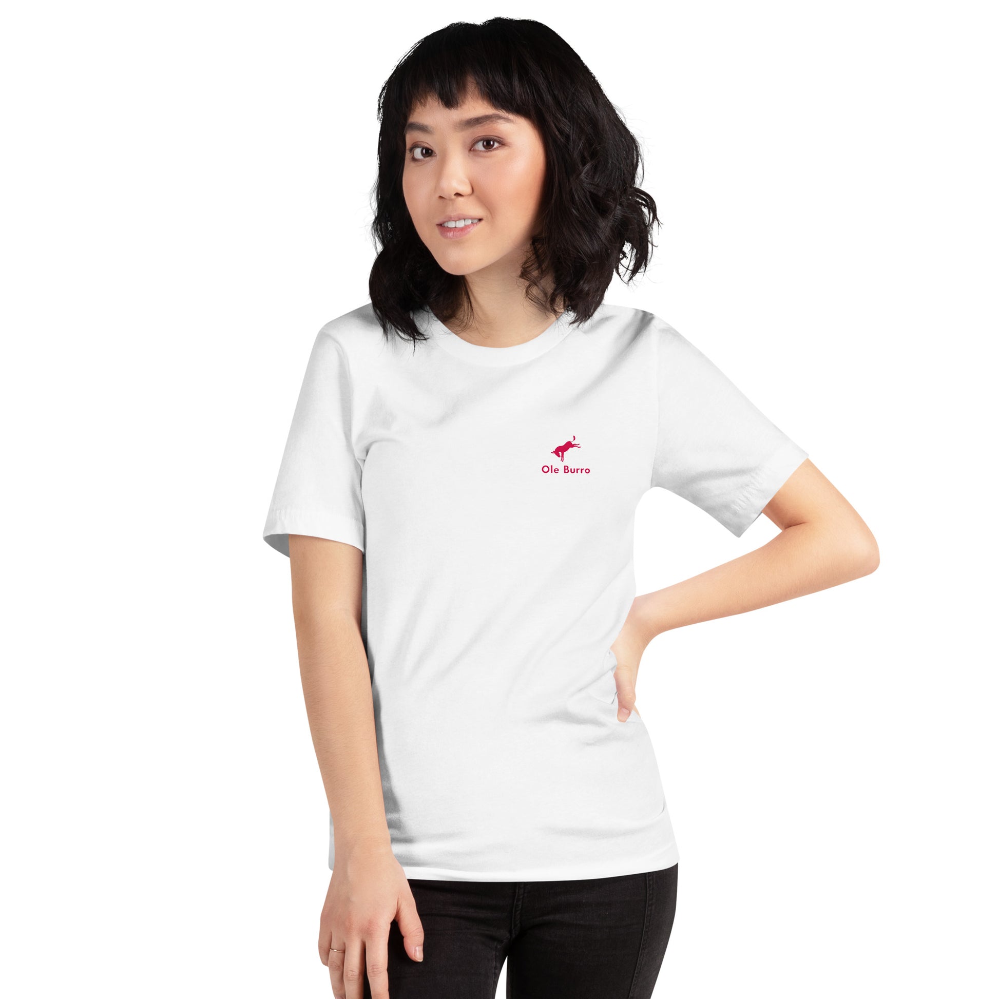 Person wearing a white t-shirt with a logo on a white background