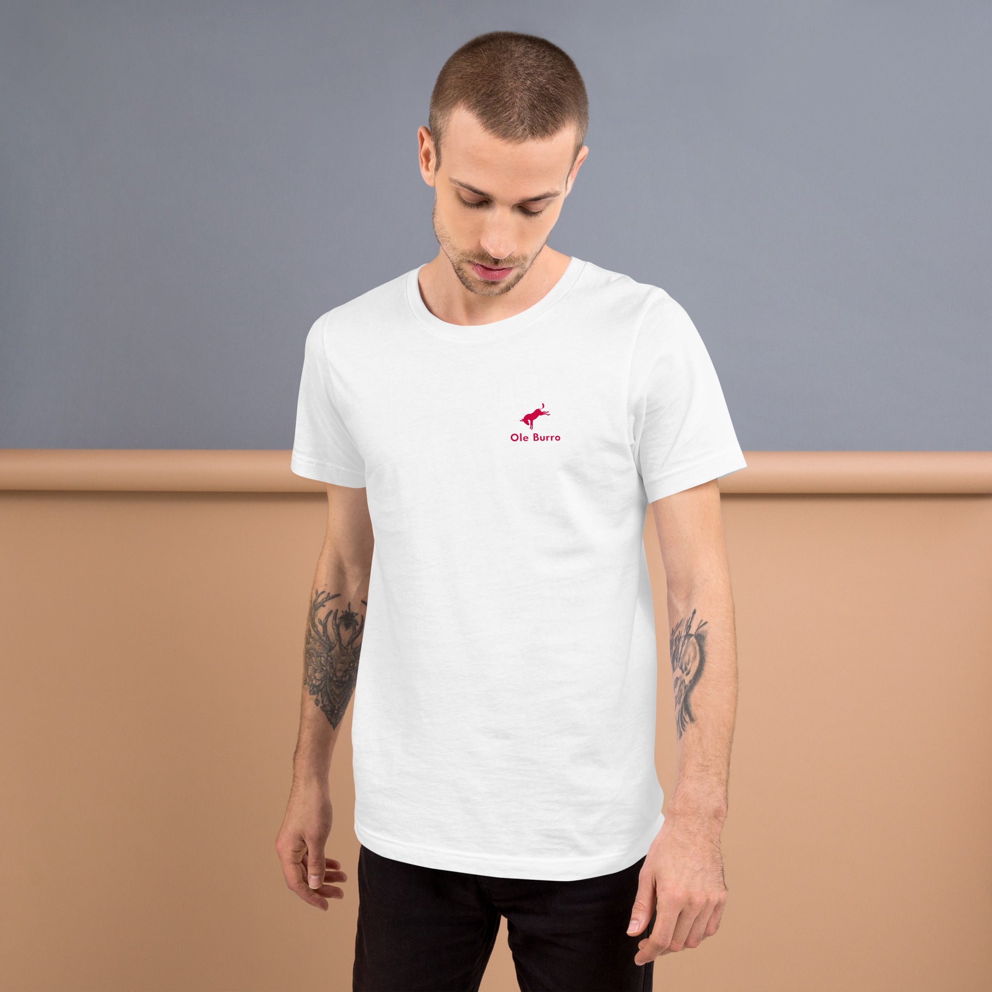 Man wearing a white t-shirt with a red logo against a gray and brown background
