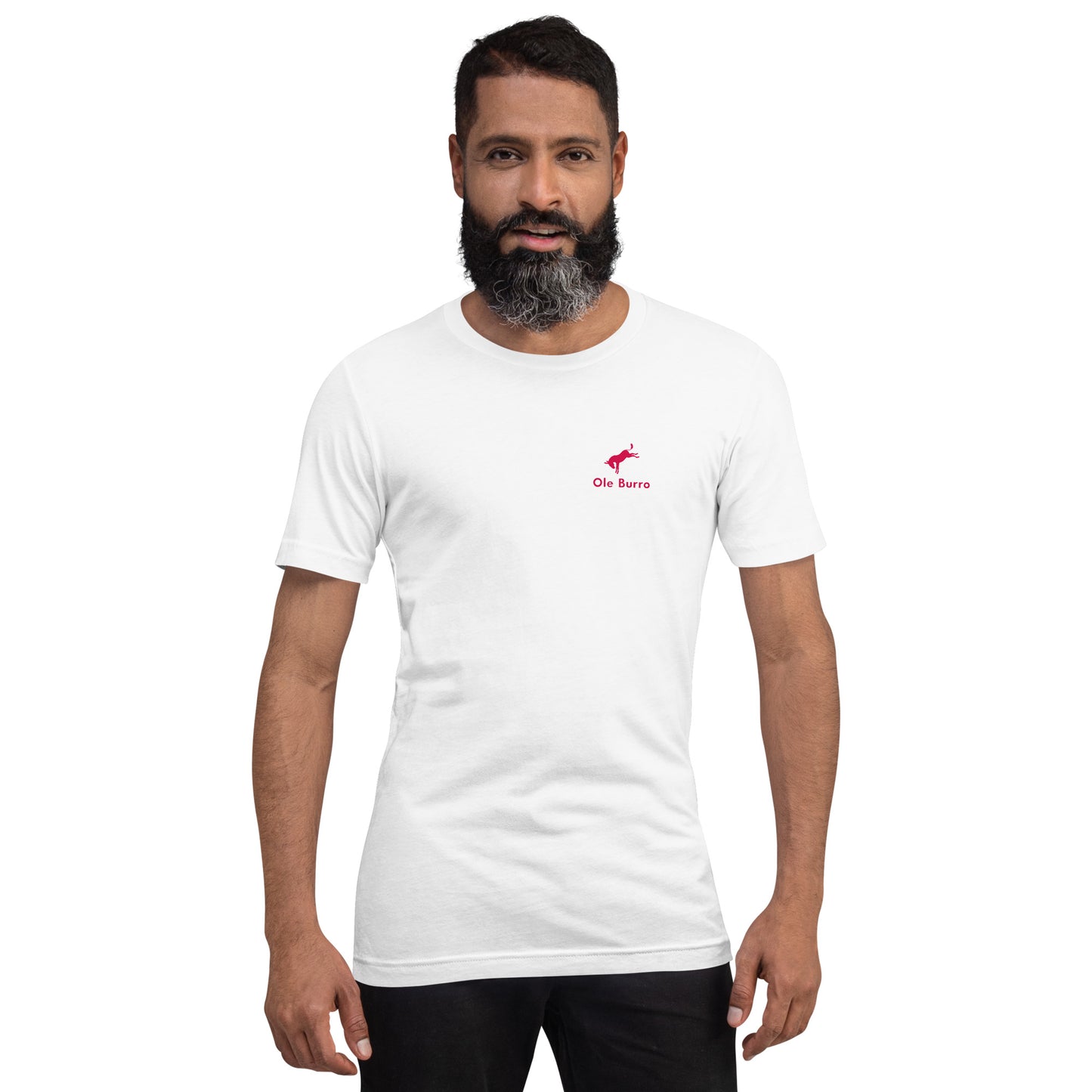 Man wearing a white t-shirt with a red logo on a white background