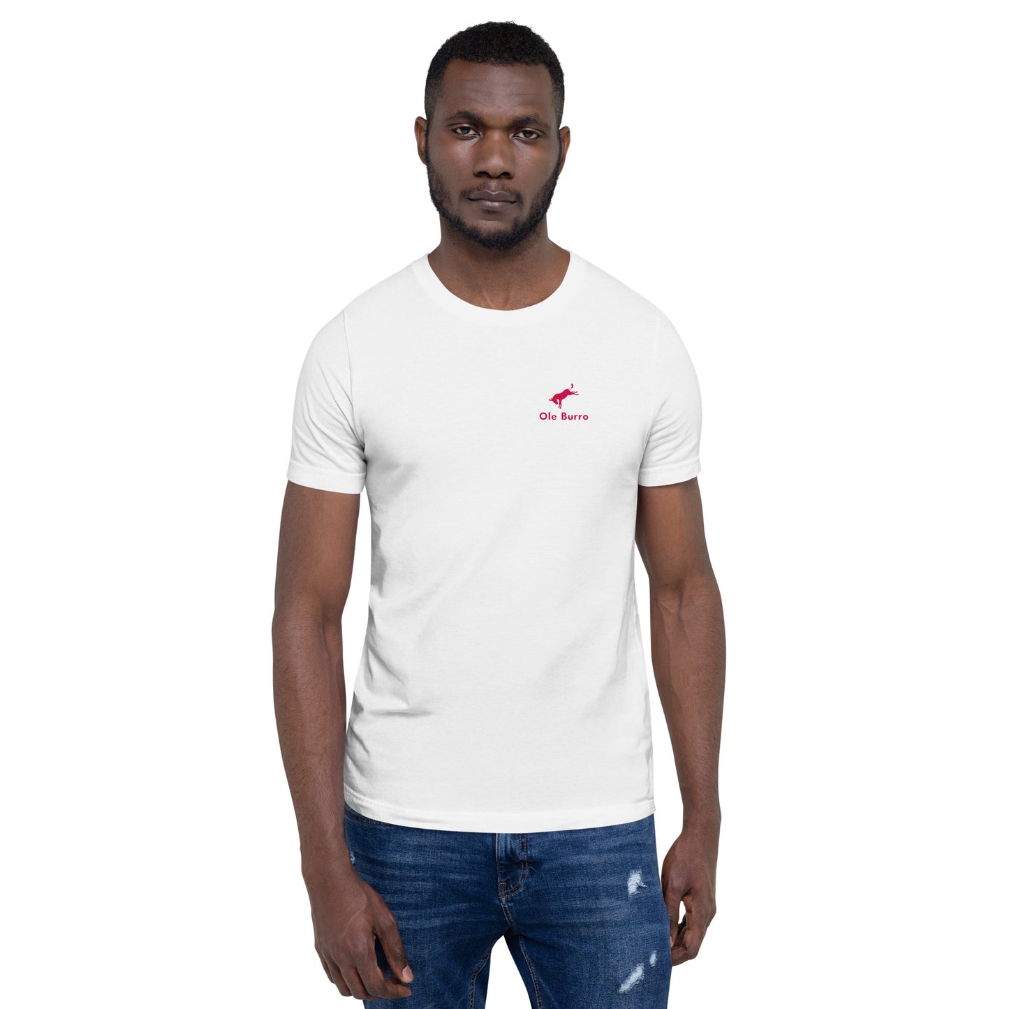 Man wearing a white t-shirt with a red logo on a white background